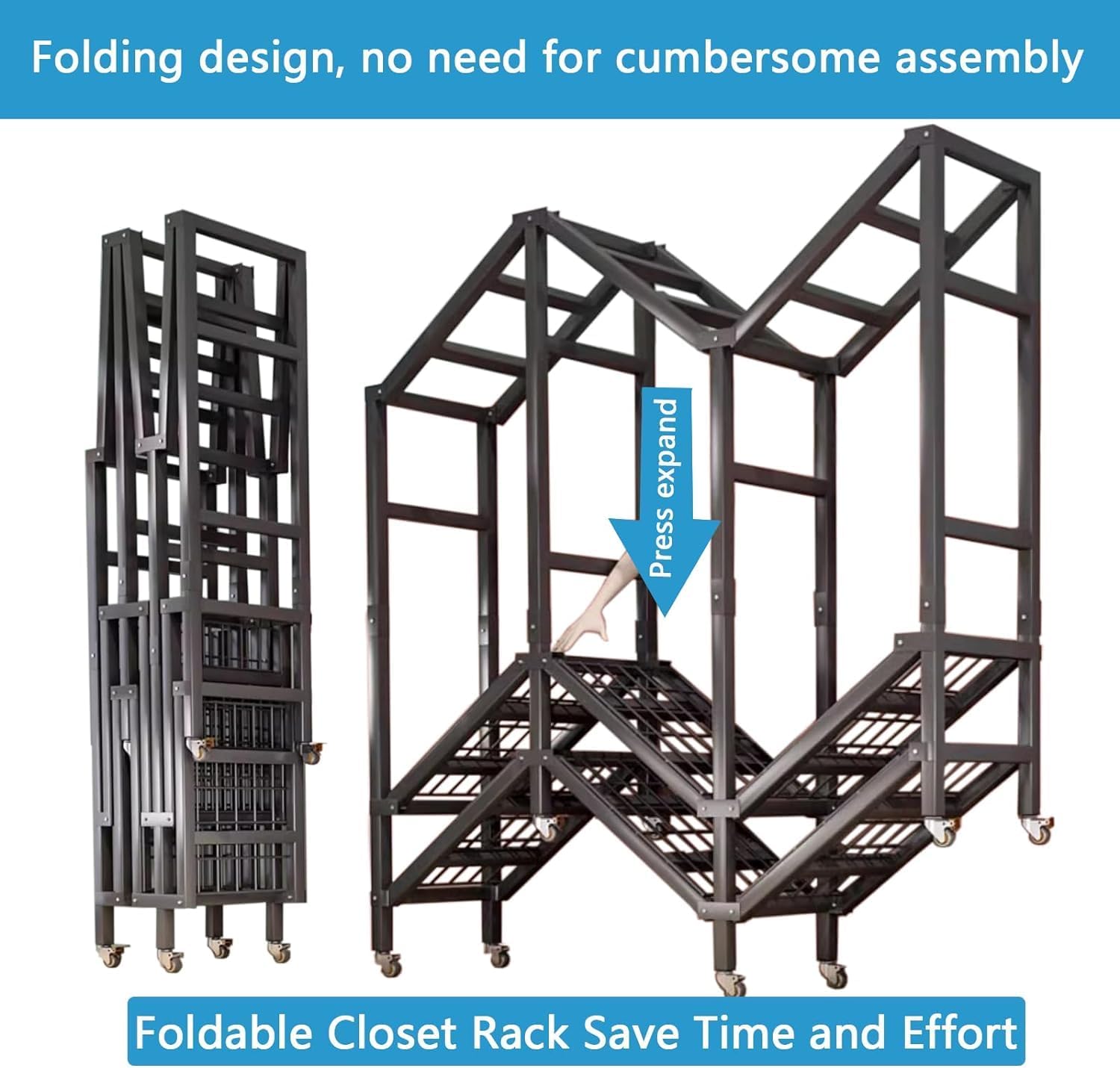 Freestanding Wardrobe Rack with Dust Cover and Wheels,Foldable Heavy-Duty Portable Closet, Multi-Functional Bedroom Clothing Rack,Max Load 1600lbs,for Hanging Clothes (215CM/84.6IN)