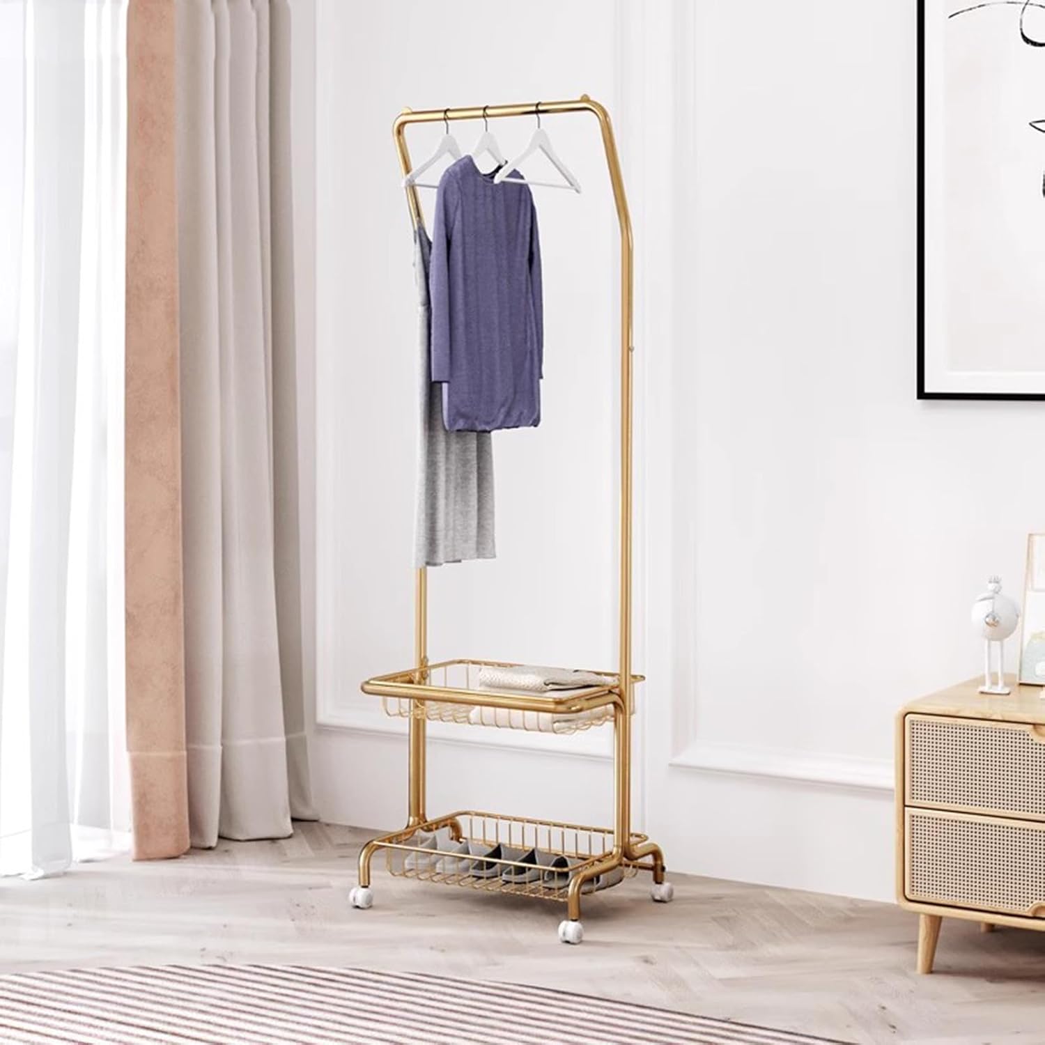 Heavy duty Garment rack 2-in-1 Clothing Rack With Hanging Rod And 2 Storage Basket, Heavy Duty Metal Clothes Organizer With Wheels, Freestanding Coat Rack For Entrance And Bedroom, 52x41x170CM (Gold