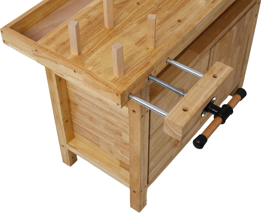 Gecheer Wooden Workbench for Garage and Workshop – Rubberwood Table with 3 Drawers, 1 Cabinet, Bar Clamps Set (2x12 + 2x24), 55'x24.4'x33.1'