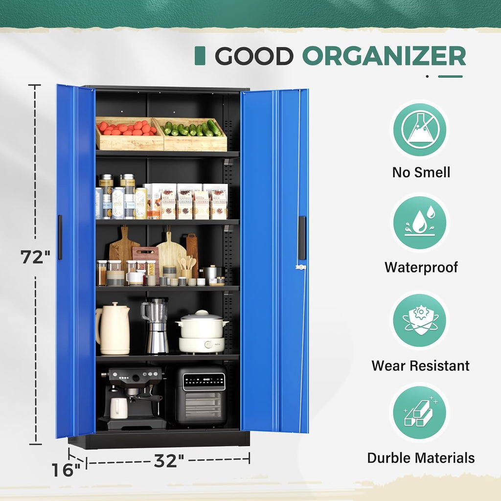 Greenvelly Metal Garage Storage Cabinet, 72' Tall Steel Storage Cabinets with 2 Doors and 4 Adjustable Shelves, Metal Tool Cabinets, Locking File Cabinet for Home Office, Garage, School (Black Blue)
