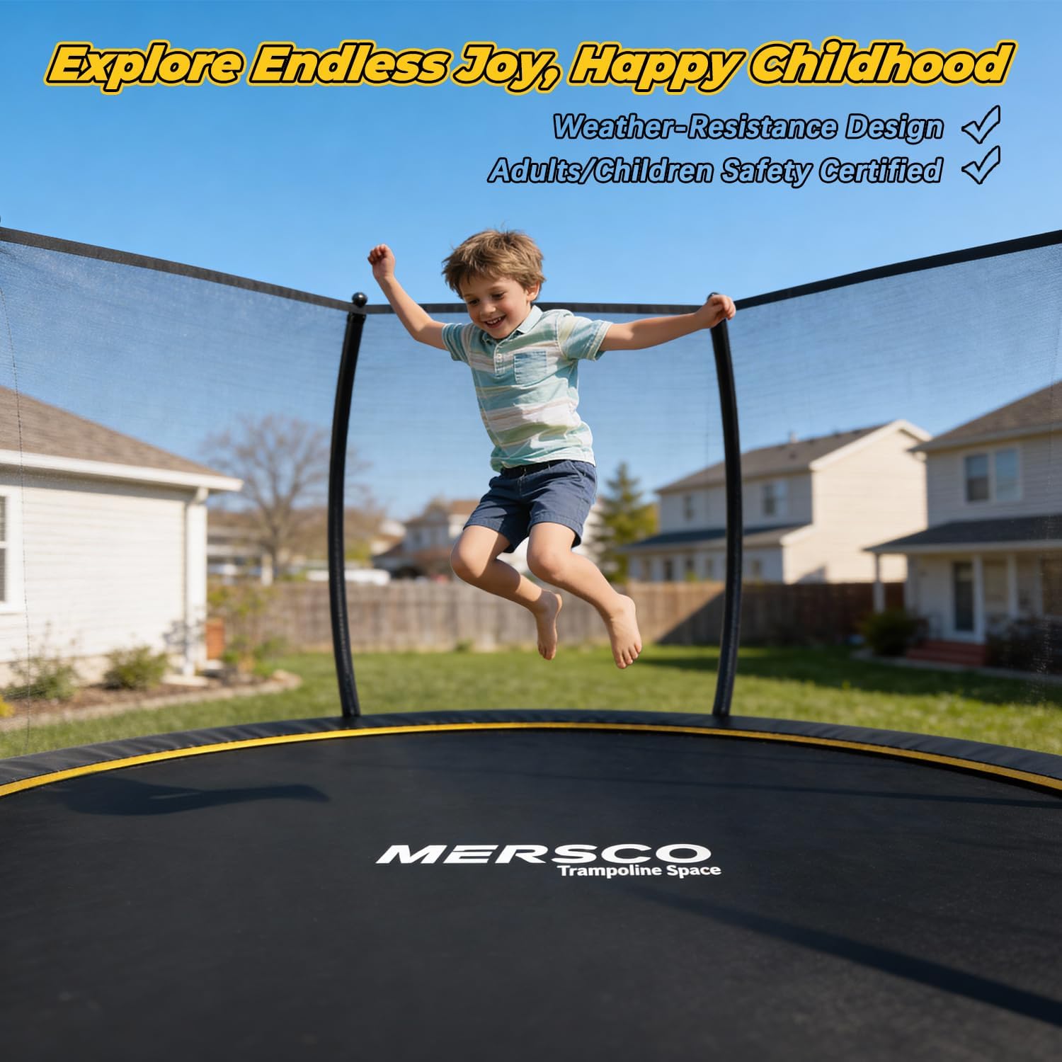 Mersco Trampoline Outdoor 10FT 12FT 14FT with Enclosure and Ladder, ASTM Approved Recreational Trampoline for Kids and Adults, Anti-Rust Coated Frame, Enhanced Weight Capacity