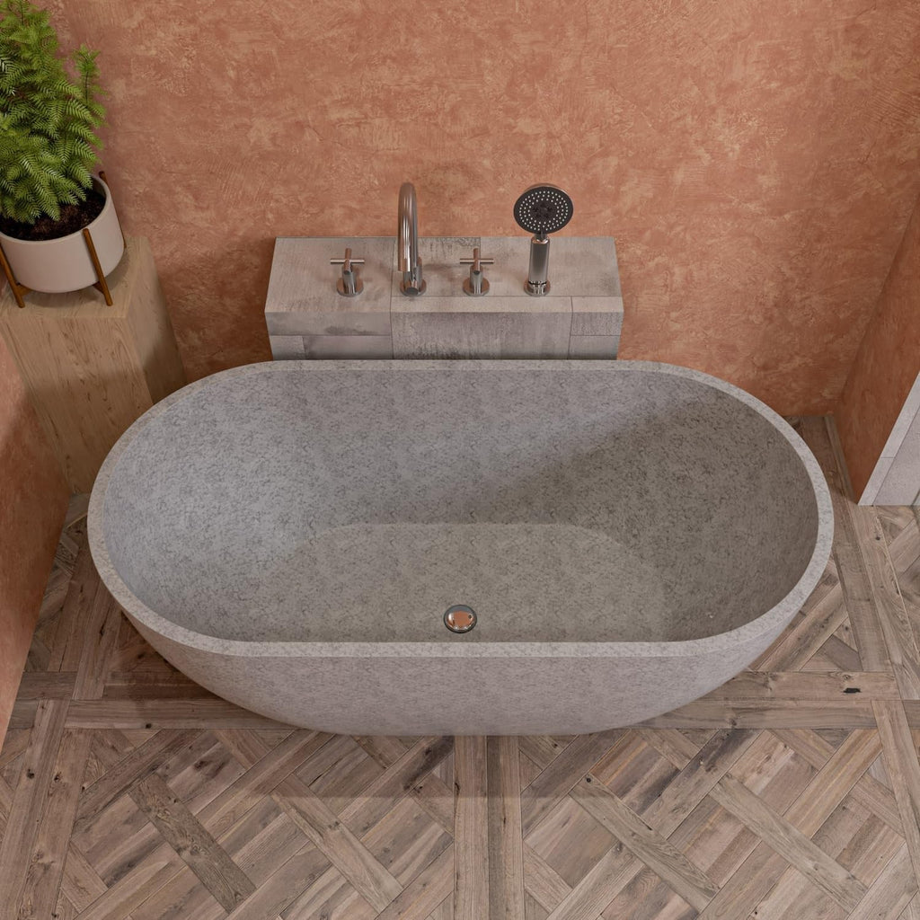 HomeStock 59' Solid Concrete Freestanding Bathtub - Modern Oval Soaking Tub - Gray