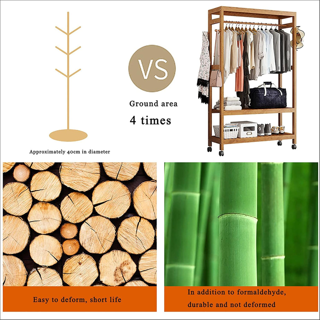 Bamboo Clothes Rack,2-Tier Storage Shelves Clothes Hanging Rack, with Wheels 4 Hooks,for Shirts Bags Scarves Pants Shoes Storage Boxes