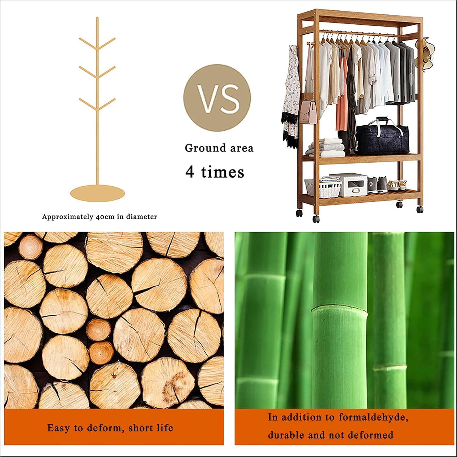 Bamboo Clothes Rack,2-Tier Storage Shelves Clothes Hanging Rack, with Wheels 4 Hooks,for Shirts Bags Scarves Pants Shoes Storage Boxes
