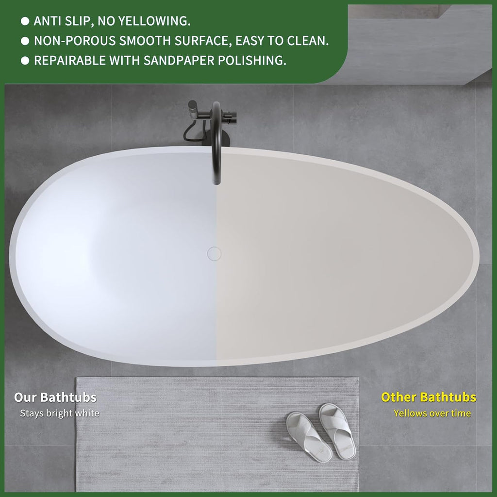 59' Bathtub Acrylic Solid Surface Soaking Tub Freestanding Resin Stone Matte White Stand Alone Tub with Overflow and Pop-Up Drain for Indoor Bathing
