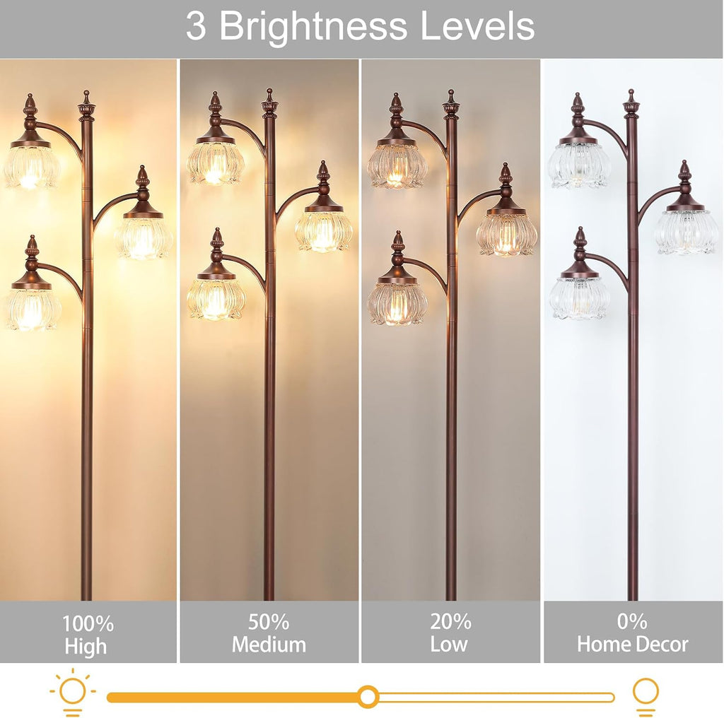 JUNNAI Brown Floor Lamps for Living Room Standing Lamp with 3 Brightness Lights Glass Shade 66.5in Flower Lamp for Bedroom Office Corner(3LED Bulbs Included)