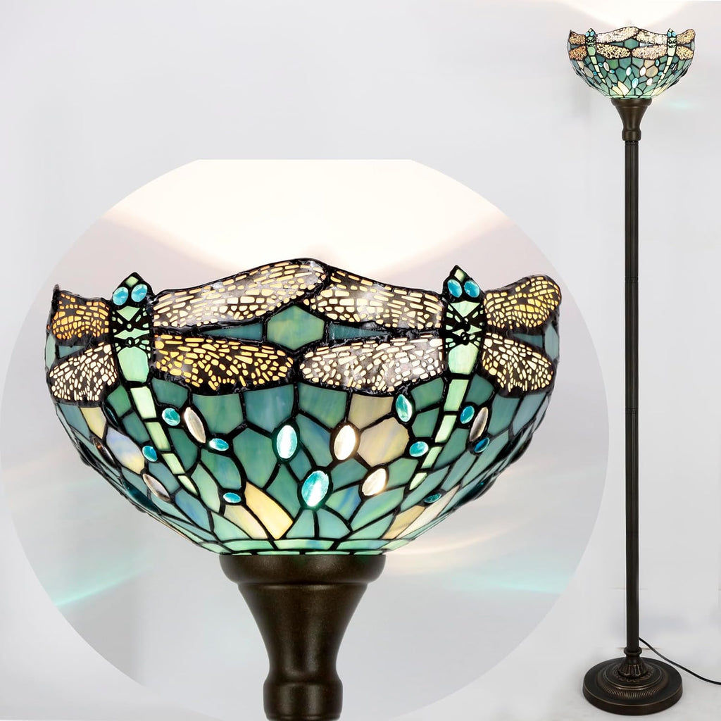 WERFACTORY Tiffany Floor Lamp Sea Blue Stained Glass Dragonfly Light 12X12X71 Inches Pole Torchiere Standing Corner Torch Uplight Decor Bedroom Living Room Home Office S147 Series