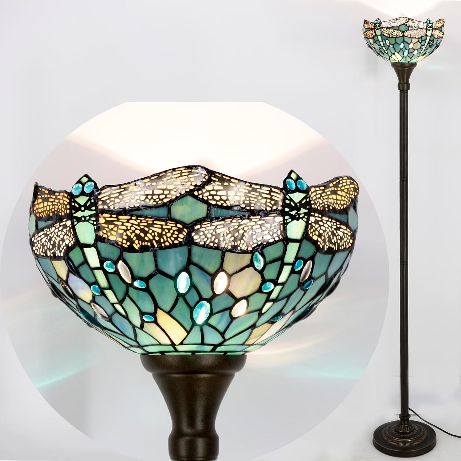 WERFACTORY Tiffany Floor Lamp Sea Blue Stained Glass Dragonfly Light 12X12X71 Inches Pole Torchiere Standing Corner Torch Uplight Decor Bedroom Living Room Home Office S147 Series