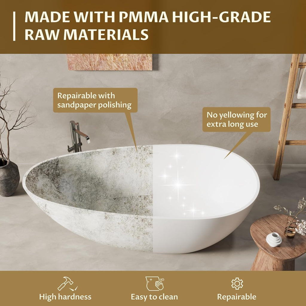 GarveeTech 67 in Solid Surface Freestanding Bathtub, Contemporary Oval Shape Soaking Tub, Egg Shell Stone Resin Stand Alone Bathtub With Pop-Up Drain and Overflow, Cupc Certified,Matte White