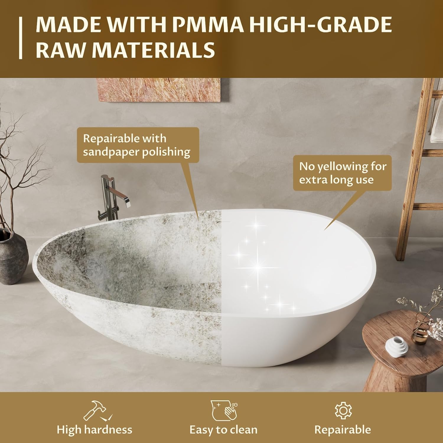 GarveeTech 67 in Solid Surface Freestanding Bathtub, Contemporary Oval Shape Soaking Tub, Egg Shell Stone Resin Stand Alone Bathtub With Pop-Up Drain and Overflow, Cupc Certified,Matte White