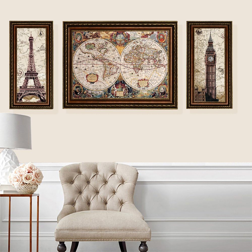 ELITEART-Old Vintage World Map Oil Painting Reproduction Giclee Wall Art Canvas Prints-Framed Size:39' x 28'