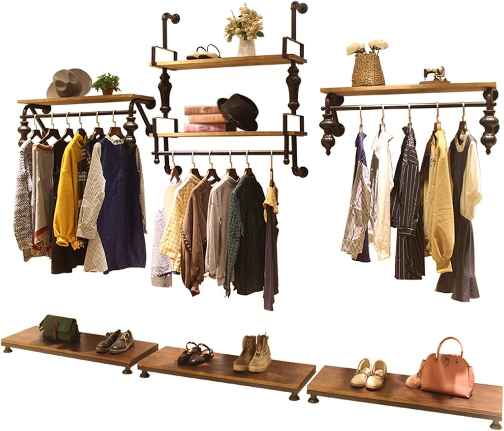 Clothing Garment Rack Wall Mounted with Wood Shelf,Industrial Pipe Floating Shelf,Retail Display Clothes Racks Heavy Duty Organizer Hanger(1-tier-80CM