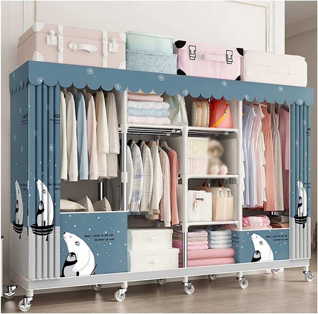 Closet Wardrobe with 360° Wheels 170cm Portable Closet for Bedroom Garment Rack with 2 Clothes Rail and Fabric Cover 6 Compartments (Color : A, Size : 200x45x170cm)