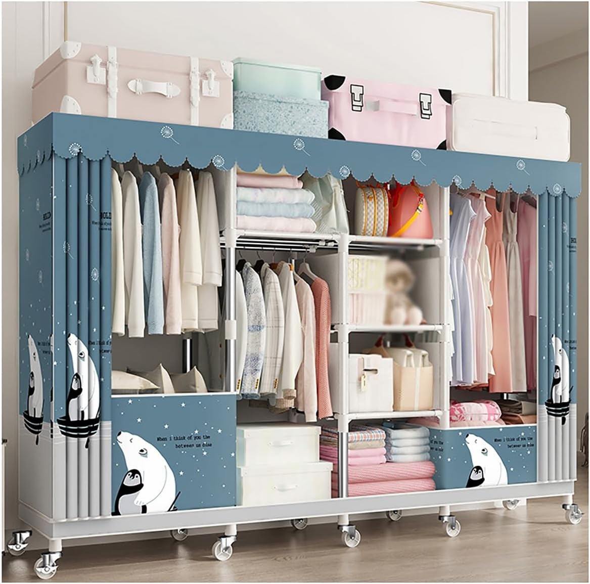 Closet Wardrobe with 360° Wheels 170cm Portable Closet for Bedroom Garment Rack with 2 Clothes Rail and Fabric Cover 6 Compartments (Color : A, Size : 200x45x170cm)