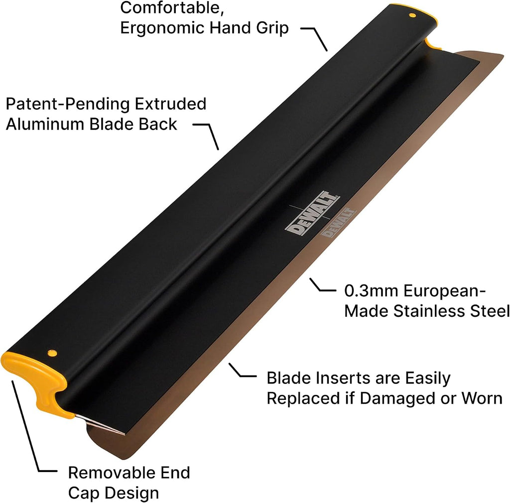 DEWALT Drywall Skimming Blade, 32-Inches | Pro-Grade | Extruded Aluminum & European Stainless Steel Construction | High-Impact End Caps | Sheetrock Gyprock Wall-Board Plasterboard | DXTT-2-932
