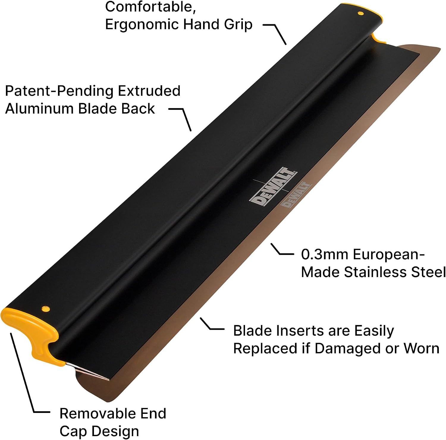 DEWALT Drywall Skimming Blade, 32-Inches | Pro-Grade | Extruded Aluminum & European Stainless Steel Construction | High-Impact End Caps | Sheetrock Gyprock Wall-Board Plasterboard | DXTT-2-932