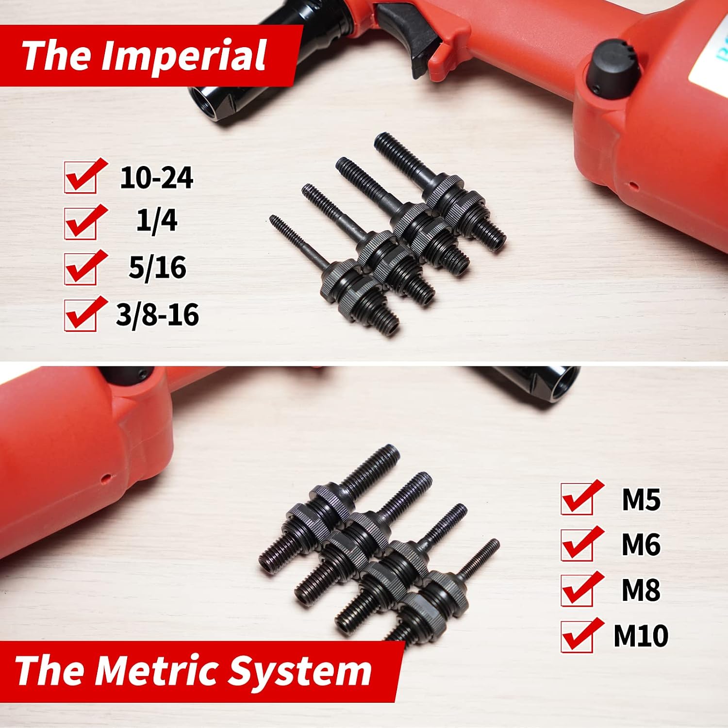 Industrial Hydraulic Pneumatic Riveter Automatic Air Rivet Nut Gun Tool Setting Kit Rivnut Riveting，with Metric & SAE Mandrels (8 Size)