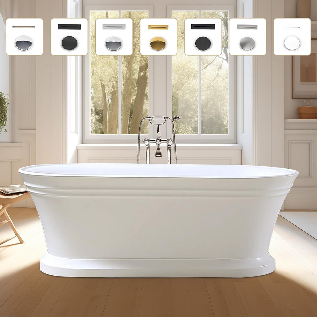 Vanity Art 59 x 30 Inches Freestanding Bathtub Acrylic Modern Stand Alone Soaking Tub with UPC Certified Slotted Overflow and Pop-up Center Drain, White VA6610-S-BN