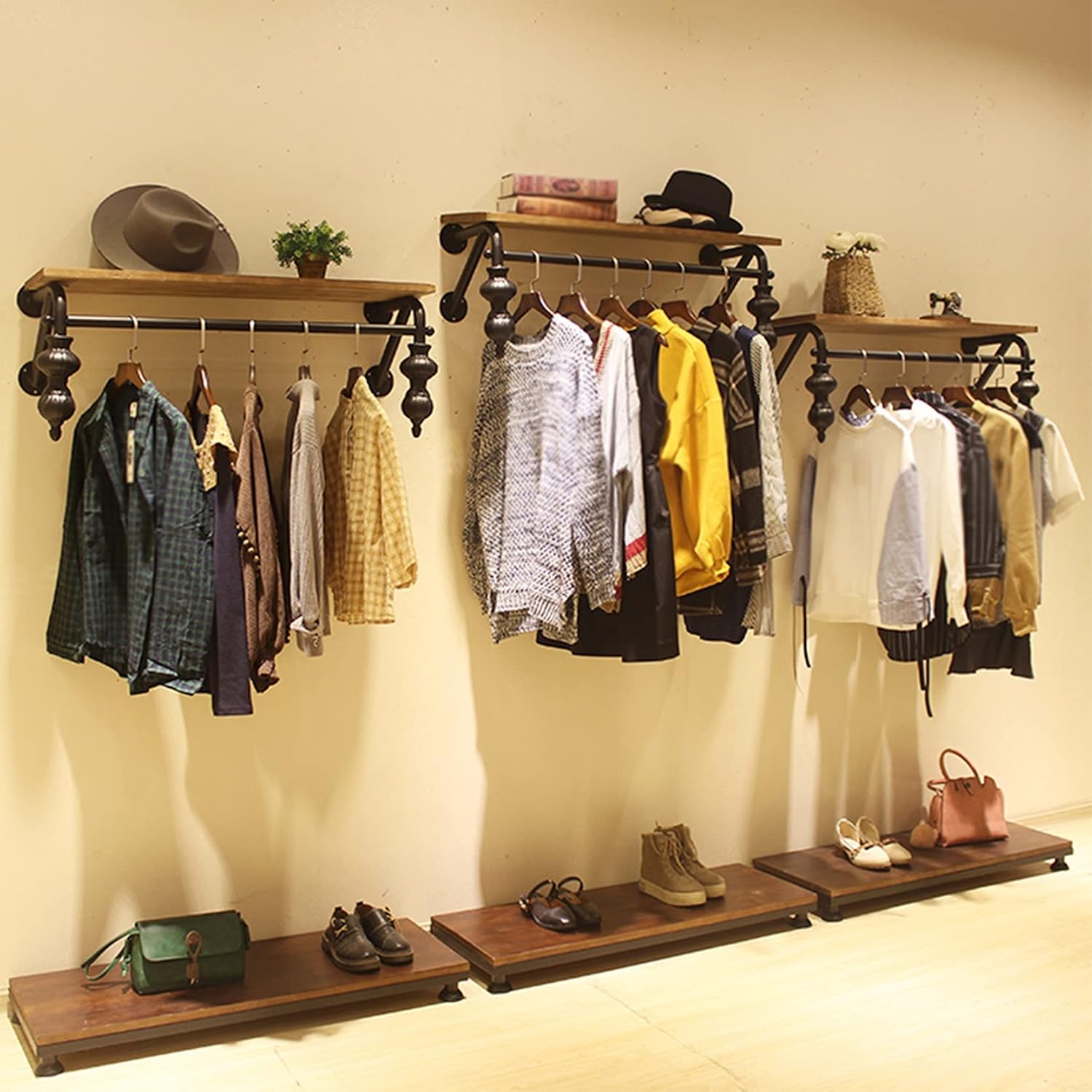 3 Section Garment Rack,Floating Industrial Pipe Garment Rack,Wall Mounted Coat Hanger,Retail Display Garment Rack with Wooden Shelf,Heavy Duty Organizer,STU(2-tiers-120CM