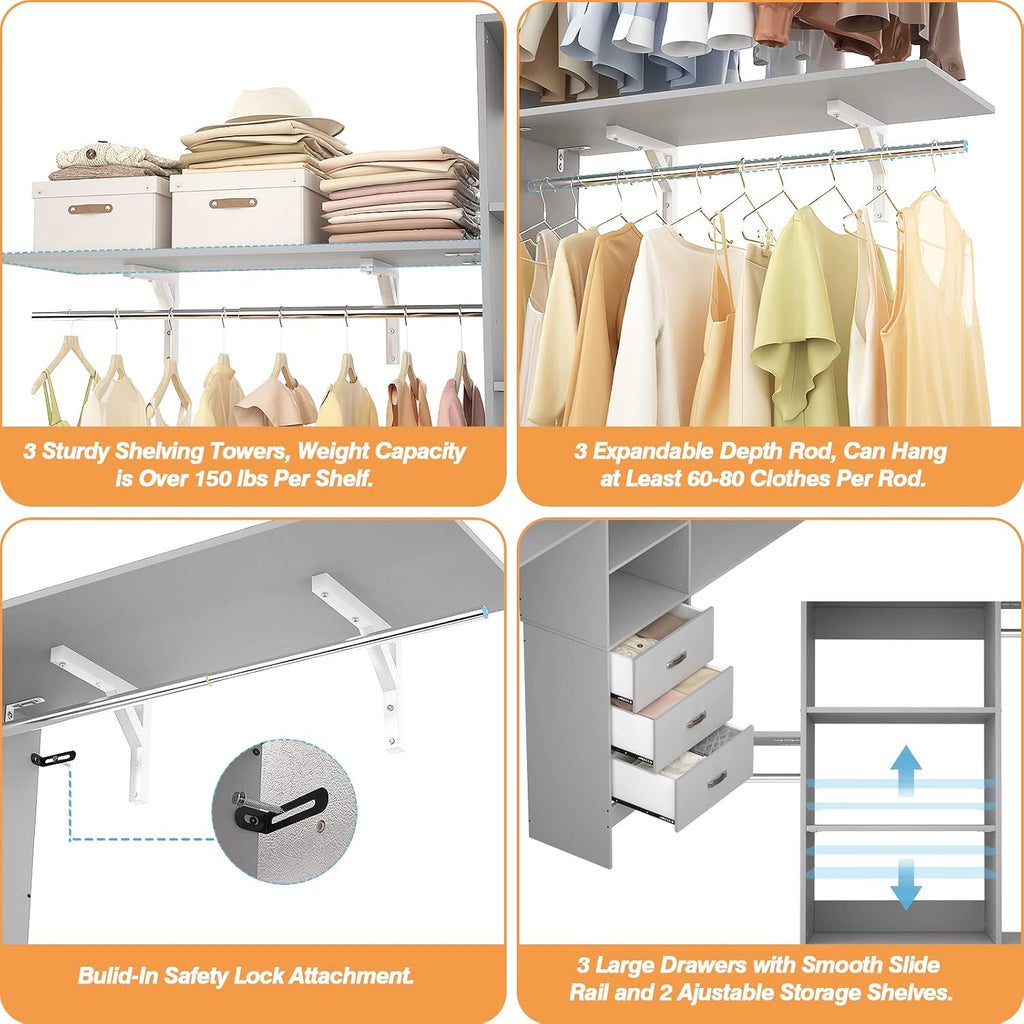 Armocity 96' Wood Closet System with 3 Enclosed Drawers & 3 Solid Shelves, 8FT Adjustable Closet Organizers and Storage, Heavy Duty Modular Wardrobe for Reach-In & Walk-In, 1000 LBS Load, Grey