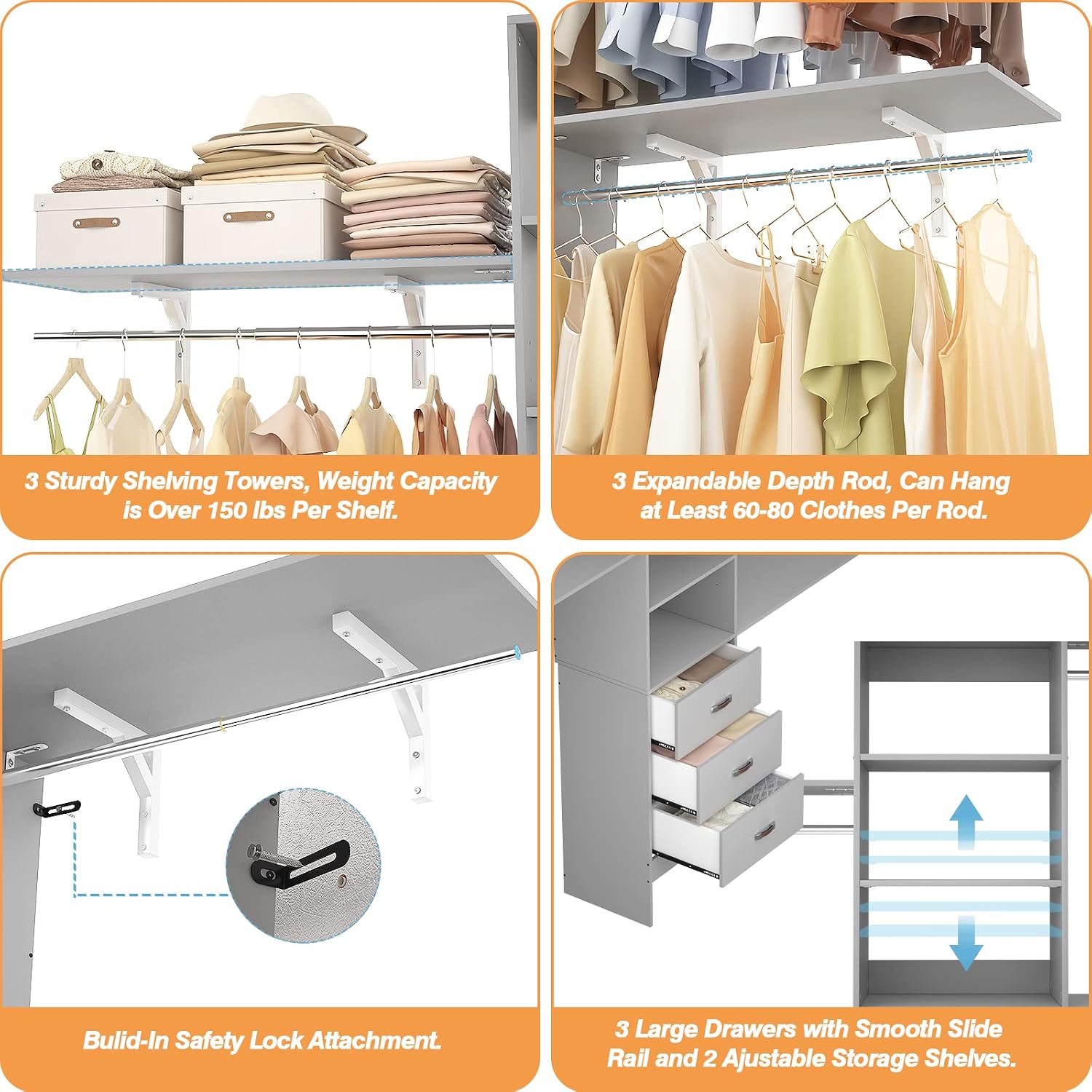 Armocity 96' Wood Closet System with 3 Enclosed Drawers & 3 Solid Shelves, 8FT Adjustable Closet Organizers and Storage, Heavy Duty Modular Wardrobe for Reach-In & Walk-In, 1000 LBS Load, Grey