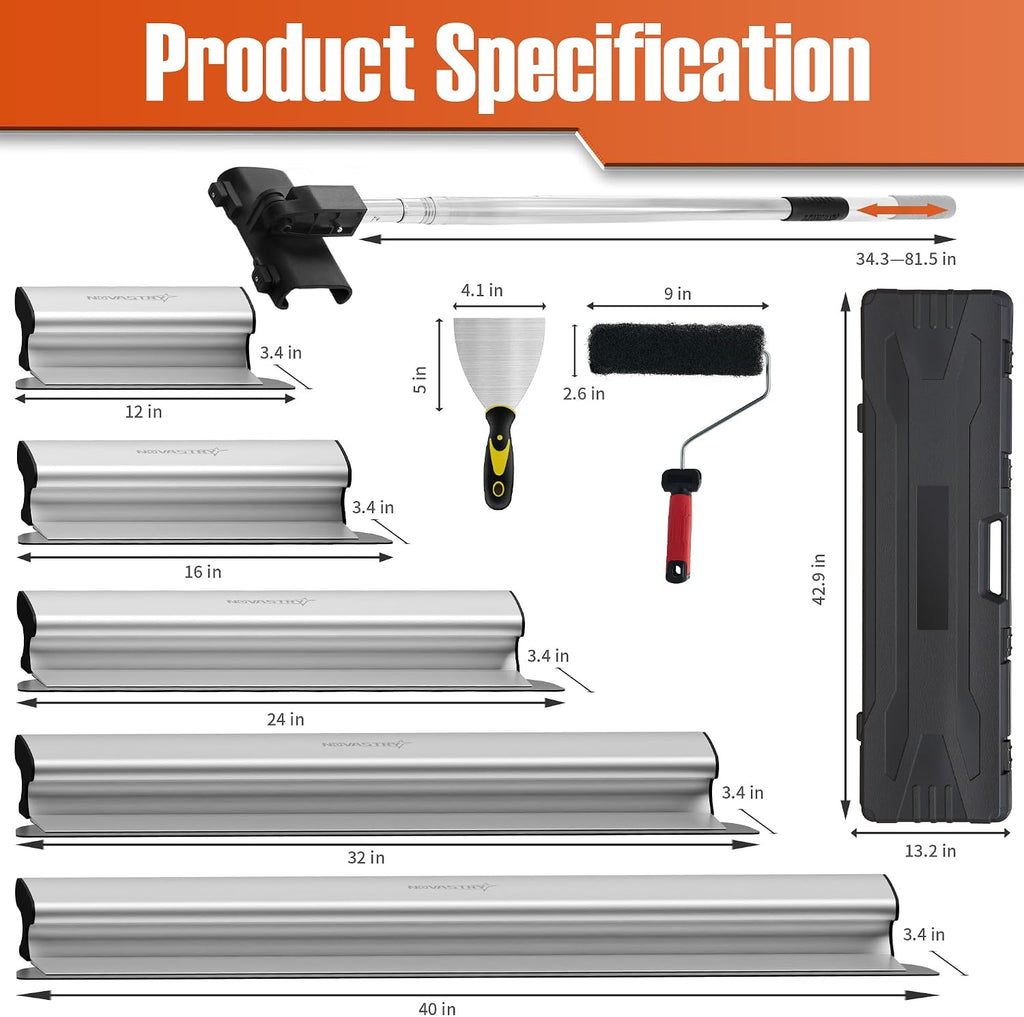 Professional Drywall Skimming Blade Kit (12', 16', 24', 32' & 40'), Stainless Steel Wall Finishing Tools with Extension Pole, Roller & Putty Knife, Lightweight Set with Carrying Case