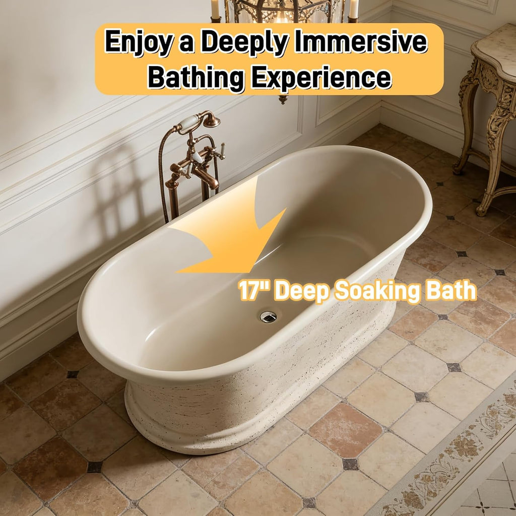 67' Edeyeu Freestanding Bathtub - Solid Surface Bathtub Soaking Tub With Natural Rock Texture Finish, Extra Deep Stand Alone Tub, Ergonomic Free Standing Spa Design, Beige