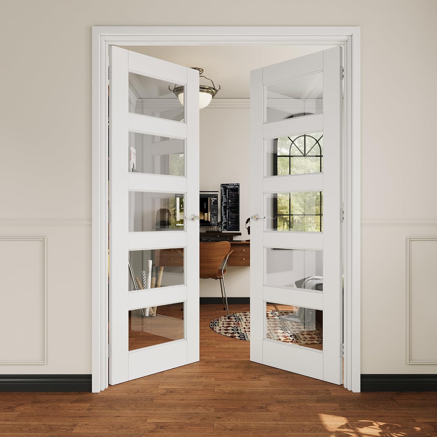 French Door 56' x 80' (Double 28' x 80') 5-Lite Clear Glass Door Slabs with Pre-Hung Jamb, Silver Hinges, Levers and Latch, White Primed, French Interior Doors with Frame, Swing Double Bedroom Doors