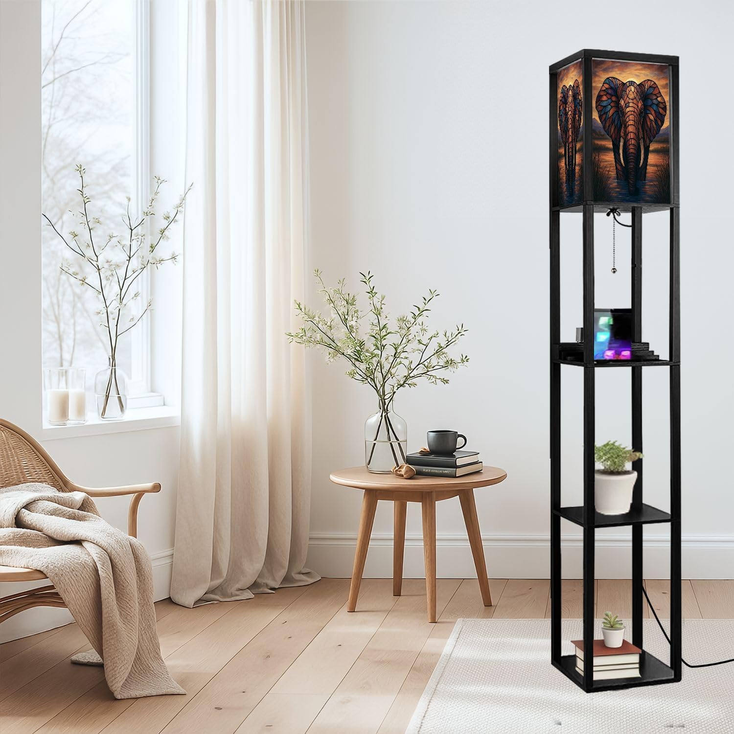 Floor Lamp with Shelves Colored Glass Elephant Sunset Standing Tall Lamp USB Ports & Power Outlet Modern Corner Lamp Nightstand Light for Living Room Bedroom