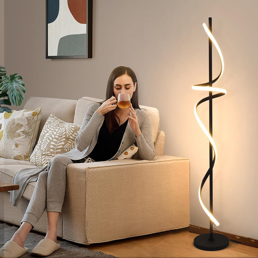 EIDISUNY Modern Spiral Floor Lamp with Remote Control, 48W LED Floor Lamps for Living Room, 3 Colors Dimmable Tall Standing Lamp for Living Room, 60'' Modern Floor lamp for Bedroom Black