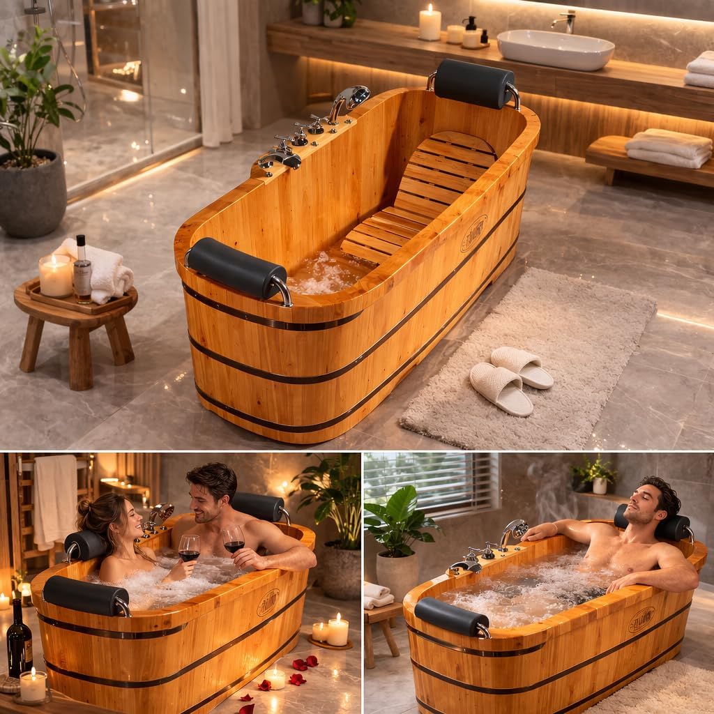 OGOLUOG Cedar Wood Soaking Tub Freestanding Wooden Bathtub with Adjustable Seat Backrest and Headrest, Adult Spa Bath Tub 47.2'–63' for Home Bathroom (NW, 55')
