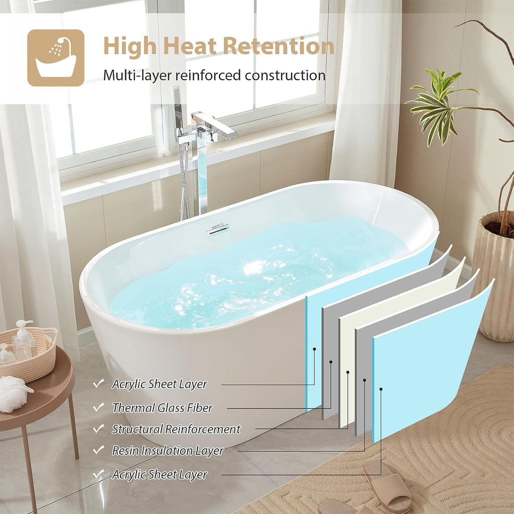 Vanity Art 68' x 32' Acrylic Freestanding Bathtub | Modern Stand Alone Soaking Tub with Overflow and Pop-up Drain, UPC Certified VA6815-L-MB
