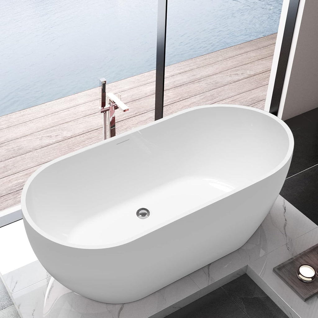 59' Acrylic Freestanding Bathtub, Double Ended Free Standing Tub, Soaking Tub with Integrated Slotted Overflow, Toe-Tap Chrome Drain, cUPC Certified, Glossy White