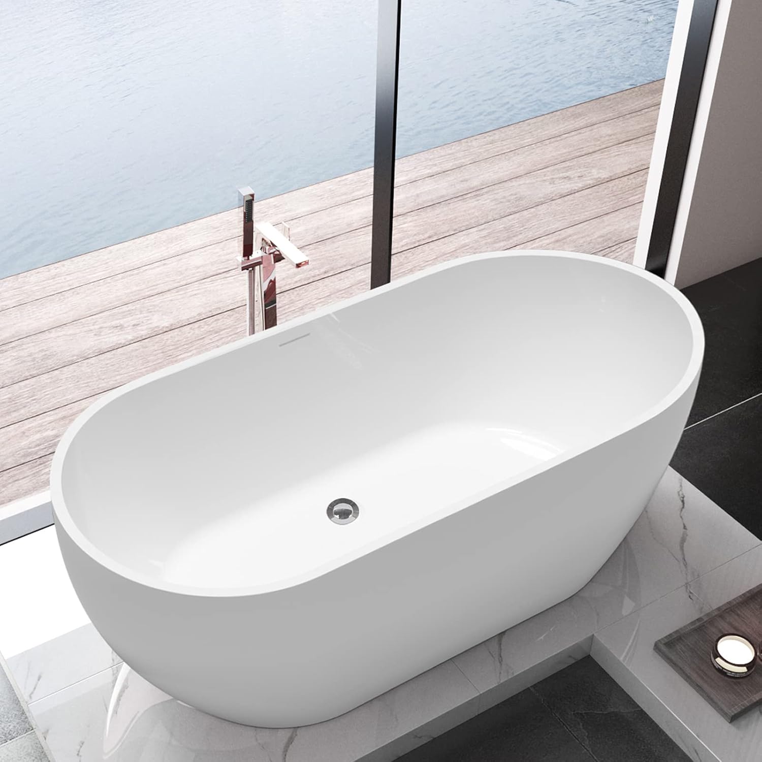 59' Acrylic Freestanding Bathtub, Double Ended Free Standing Tub, Soaking Tub with Integrated Slotted Overflow, Toe-Tap Chrome Drain, cUPC Certified, Glossy White