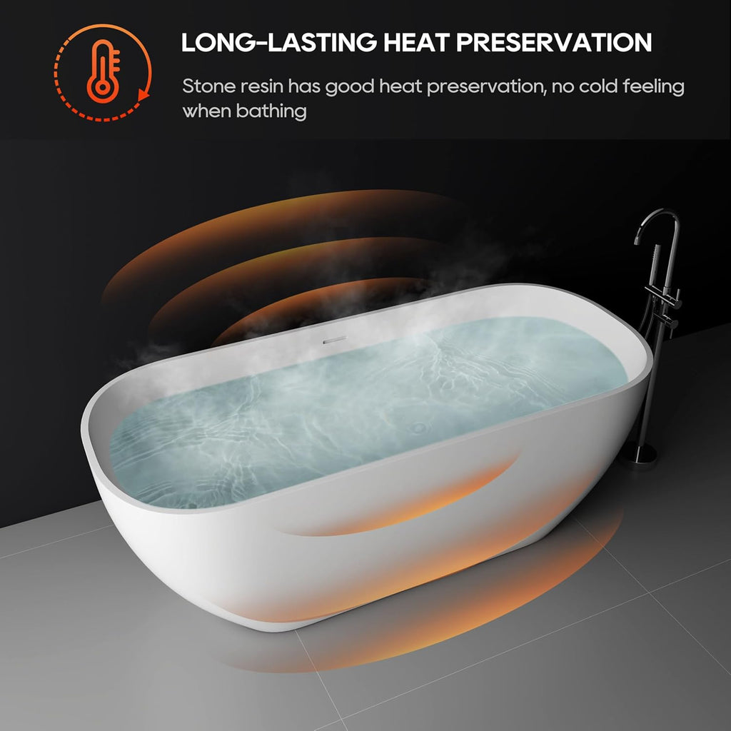 SJ STAR&JANE Solid Surface Freestanding Bathtub, 67' Oval Soaking Tub with Overflow & Pop-up Drain, Matte White Finish for Bathrooms