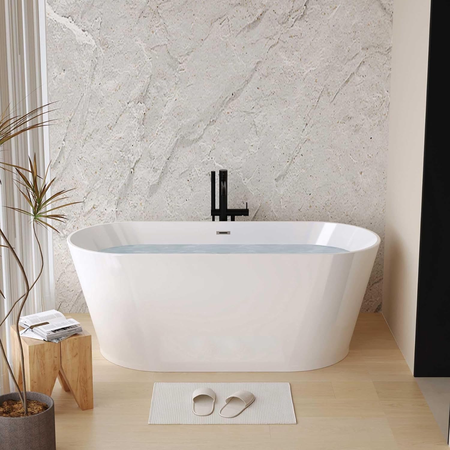 Acrylic Freestanding Soaking Bathtub with Toe-Tap Chrome Drain, Oval Stand Alone Tub, Ergonomic Soaking Tub (59')