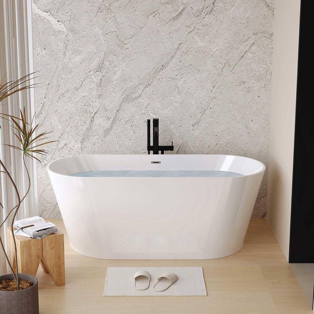 55' Acrylic Freestanding Soaking Bathtub with Toe-Tap Chrome Drain, Oval Stand Alone Tub, Ergonomic Soaking Tub (Gloss White, 55')