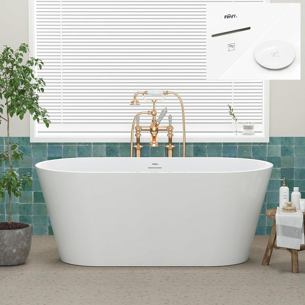 FerdY 59' Shangri-La Elite, Acrylic Freestanding Bathtub, Modern & Contemporary Design Soaking Tub with Polished White Pop-Up Drain and Minimalist Design Overflow, Glossy White, cUPC Certified