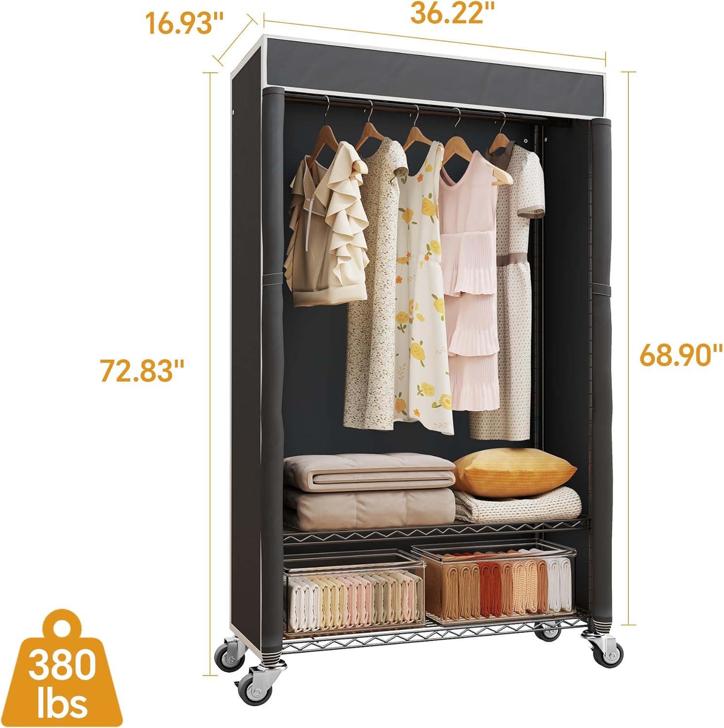 Higeego H4 Clothing Rack with Cover, Rolling Heavy Duty Clothes Rack, Garment Rack on Wheels, Portable Closet for Hanging Clothes, Black Clost Rack with Black Fabric Cover, Max Load 380LBS