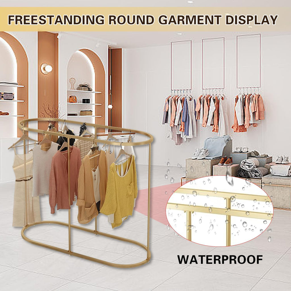 Heavy Duty Oval Garment Rack, Floor Commercial Retail Clothing Rack for Clothes Storage, Iron Multi-Functional Bedroom Clothing Rack, for Boutiques Display, Hallway Entryway,Gold
