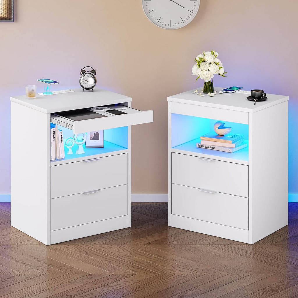 Tiptiper White Nightstand Set of 2, LED Nightstand with Wireless Charging Station, Night Stand with Drawers & Pull-Out Shelf, Modern Bedside Table with Storage, End Table Side Table
