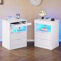 Tiptiper White Nightstand Set of 2, LED Nightstand with Wireless Charging Station, Night Stand with Drawers & Pull-Out Shelf, Modern Bedside Table with Storage, End Table Side Table
