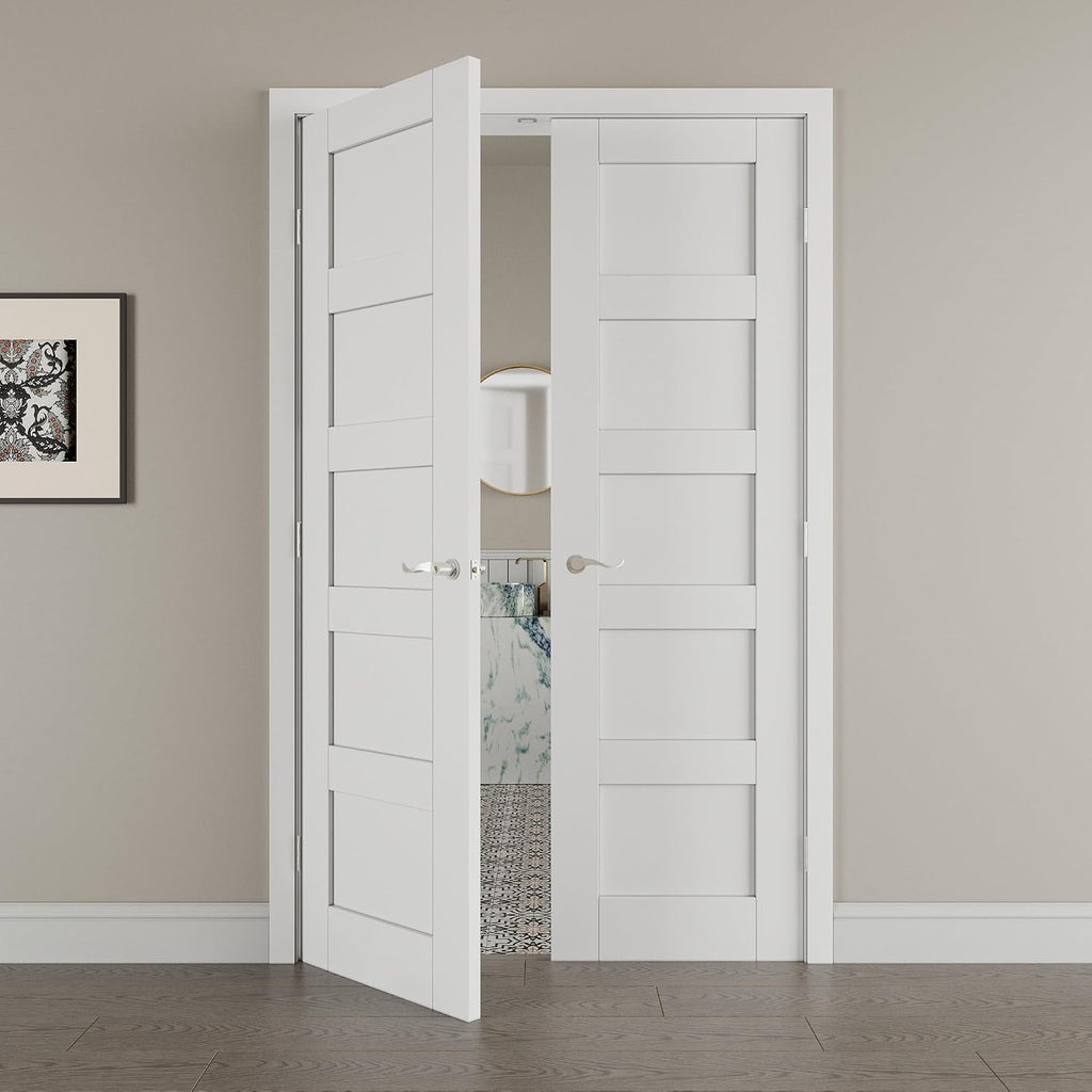 48' x 80' French Doors Interior (Double 24' x 80' 5-Lite Panel Door with Silver Hinge Prehung Jamb Kit), Pre-Finished & Paintable, Prebuilt Home Door Panels & Assembly Required Jamb