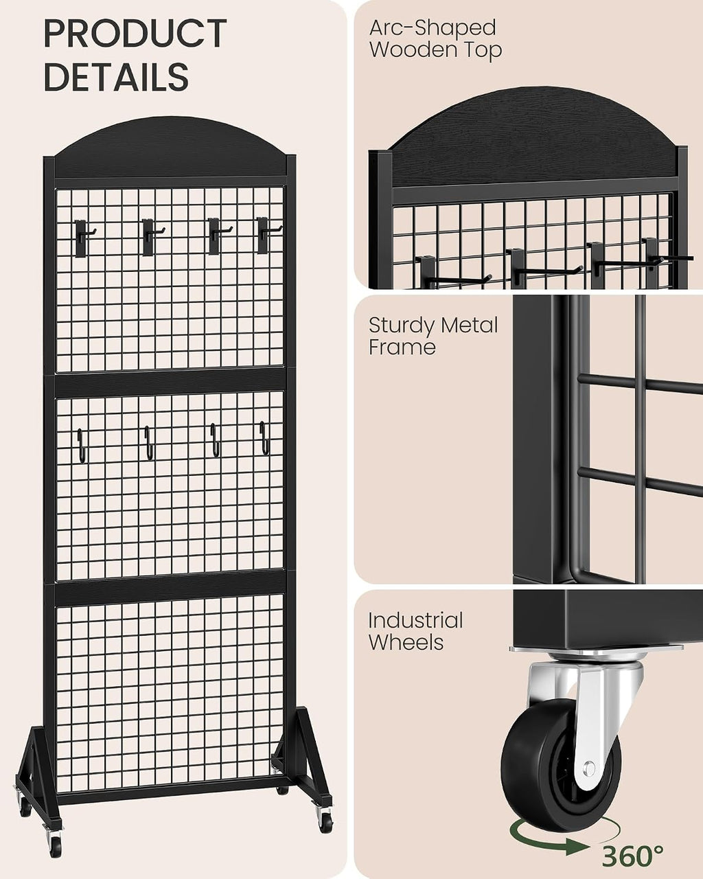 CHOEZON 2 Packs Grid Wall Panel 5.7' x 2' FT Grid Display Rack with Wheels, Movable Gridwall Display Stand with 8 S-Shaped Hooks and 8 Garment Hooks, Floorstanding Wire Grid Rack, Black TCJ17P2BB