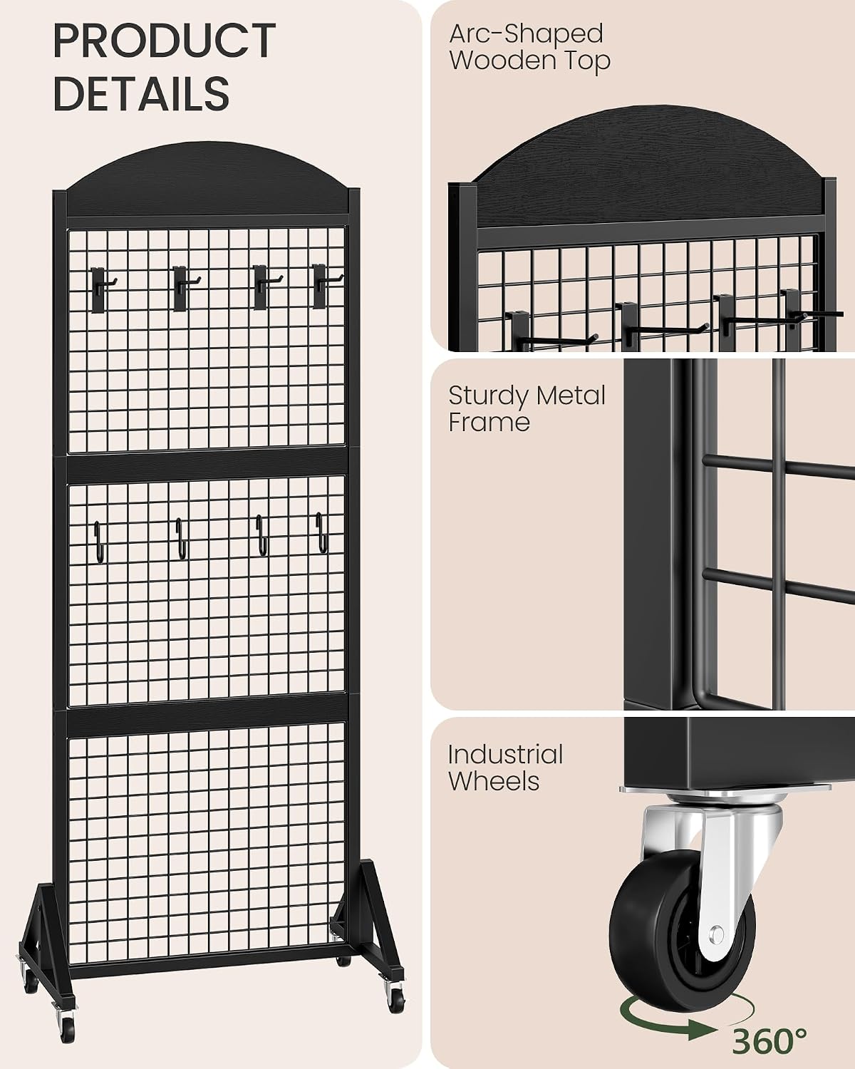 CHOEZON 2 Packs Grid Wall Panel 5.7' x 2' FT Grid Display Rack with Wheels, Movable Gridwall Display Stand with 8 S-Shaped Hooks and 8 Garment Hooks, Floorstanding Wire Grid Rack, Black TCJ17P2BB
