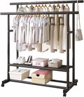 Double Rods Multi-Functional Bedroom Clothing Rack with 2-Tier Storage Shelf, Heavy Duty Metal Garment Rack for Hanging Clothes, Coats, Skirts, Shirts
