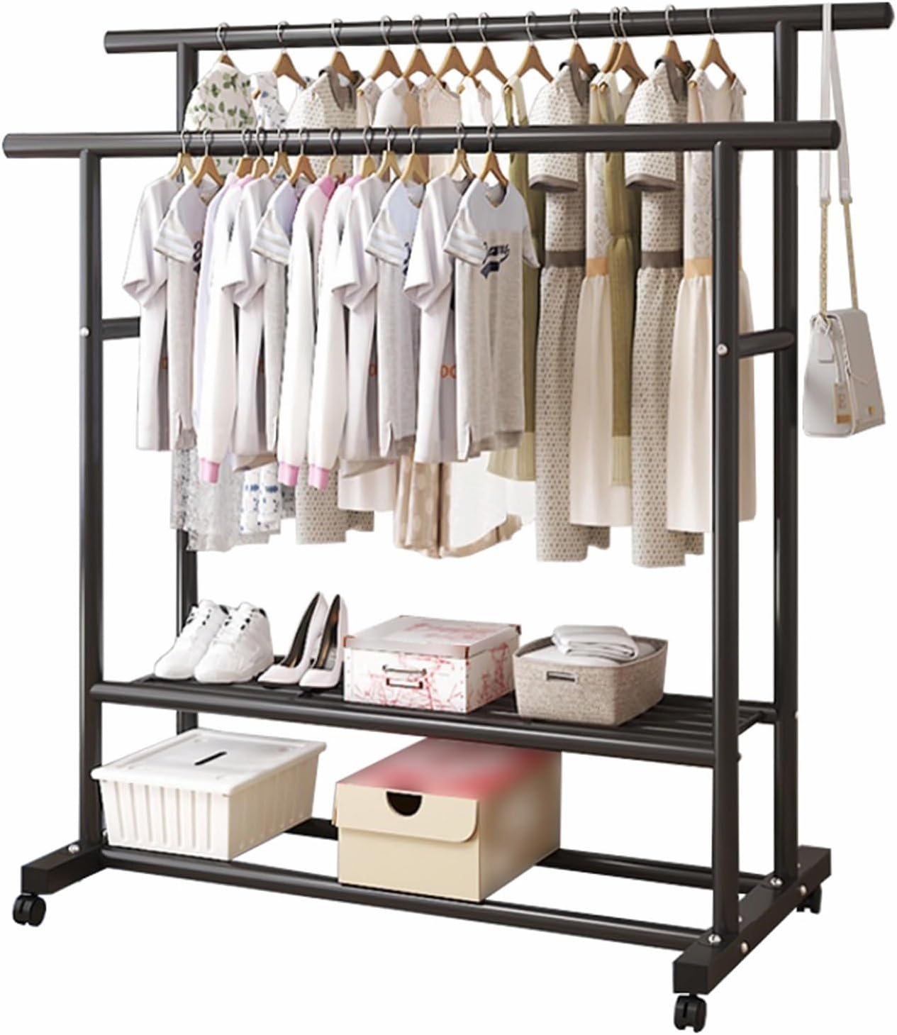 Double Rods Multi-Functional Bedroom Clothing Rack with 2-Tier Storage Shelf, Heavy Duty Metal Garment Rack for Hanging Clothes, Coats, Skirts, Shirts