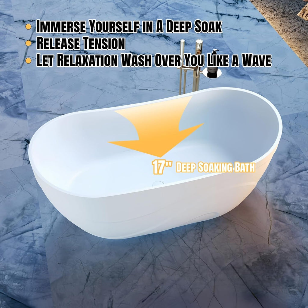 Freestanding Bathtub – Modern Soaking Tub With Ergonomic Design, Extra Deep Stand Alone Tub, Premium Solid Surface Bathtub For Luxury Bathroom Spaces (59',White)