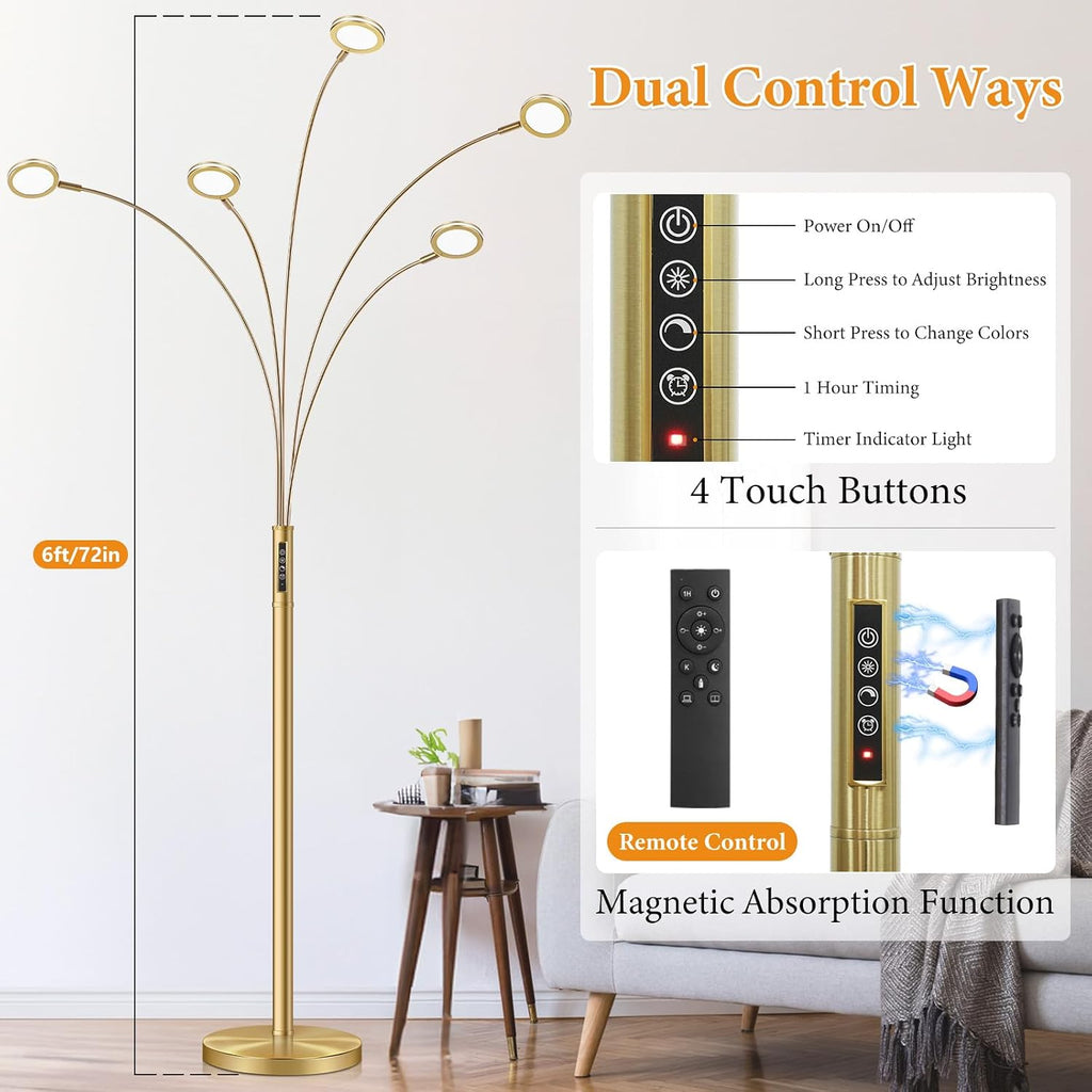 LED Arc Floor Lamp with Remote, 2250LM Dimmable Gold Floor Lamp with Timer, Adjustable Colors, Brightness & 5 Adjustable Arms, Multi-Head Tall Tree Standing Lamp for Living Room Bedroom Corner Office