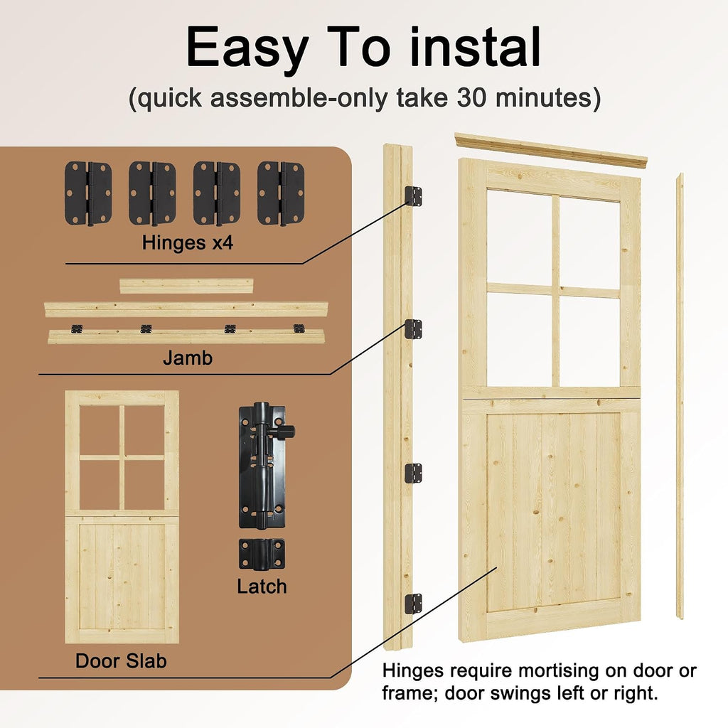 Exterior Prehung Dutch Door, 30' x 80', Universal 4 Lite Tempered Clear Glass Split Single Doors, Solid Core Home Entry Door, Natural Pine Wood - with 4 Hinges & 1 Latch & Jamb, Jamb Assembly Needed